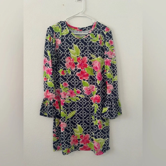 IBKUL Floral Chain Link Print Long Sheer Mesh Bell Sleeve Dress Size Medium - Picture 1 of 9